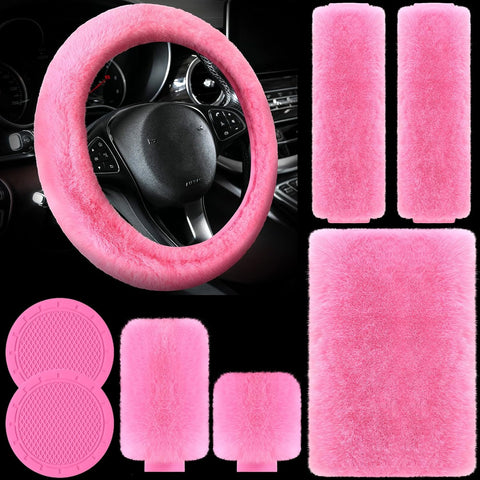 20 Pcs Car Seat Covers Full Set Car Accessories Includes Seat Protectors Fluffy Steering Wheel Cover Belt Shoulder Pads Handbrake Gear Cover Armrest Pad Women Men(Pink and Black)