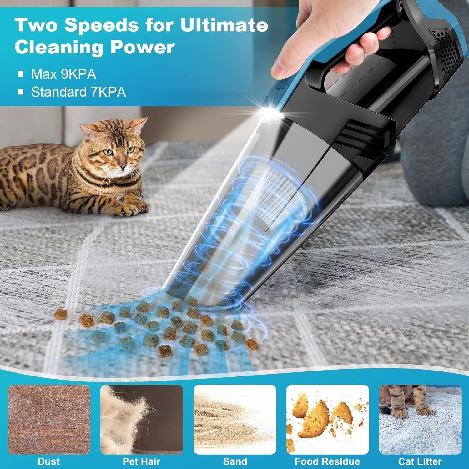 Cordless Car Vacuum Lightweight High Power Handheld Vacuum Cleaner with LED Light, Hand Vacuum for Car Home Office and Pet Hair, Indigo Blue