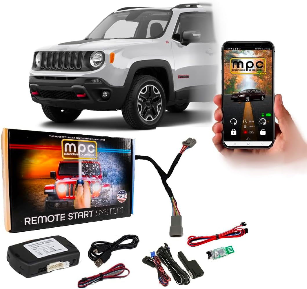 Remote Starter with Smartphone Control Compatible with 2015-2017 Jeep Renegade |Gas| |Push-To-Start| Plugin T-Harness - Smartphone or Factory Key Fob Activated - Flashlink Updater