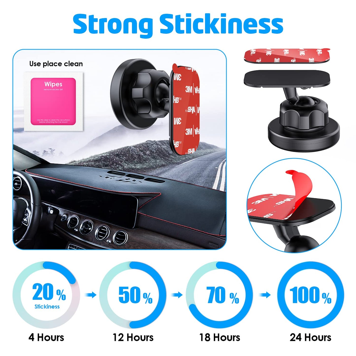 3M [6 Pack] Sticky Adhesive Pads Replacement Mounting Tape, Dashboard Sticker for Magnetic Phone Car Mount, Double Sided 3M Adhesive Pads, with 2 Dry Wipes