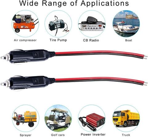 12V Replacement Cigarette Lighter Male Plug with Lead - 24V Car Power Adapter Auto Accessories with Led Lights, 15A Fuse (Male Plug to Tinned Terminal)