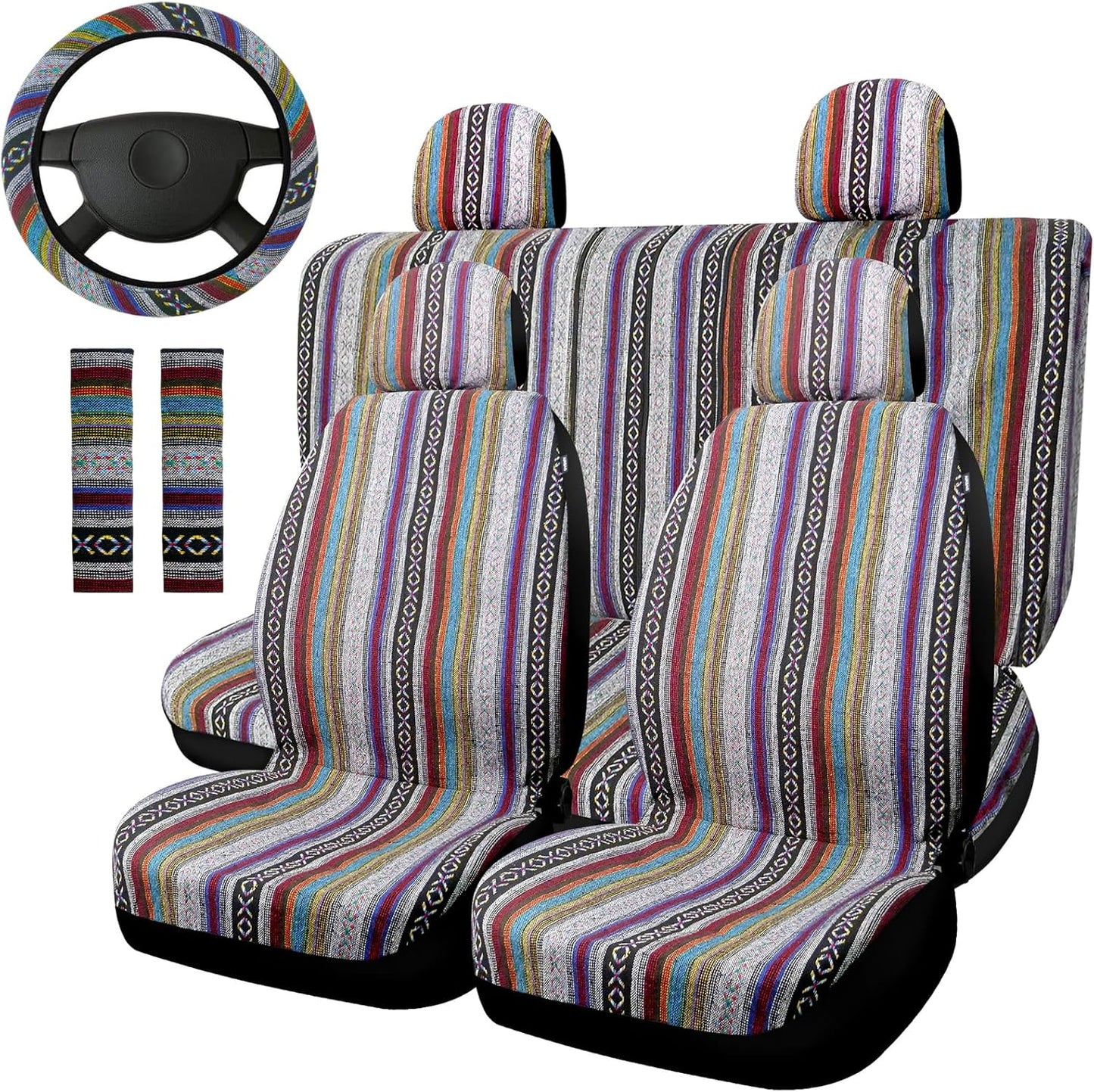 Boho Car Seat Covers Baja Saddle Blanket Seat Covers Full Set, Striped Woven Cloth Seat Covers for Cars with Seat Belt Pads and Steering Wheel Cover, Universal Fit for Sedan, SUV, Truck