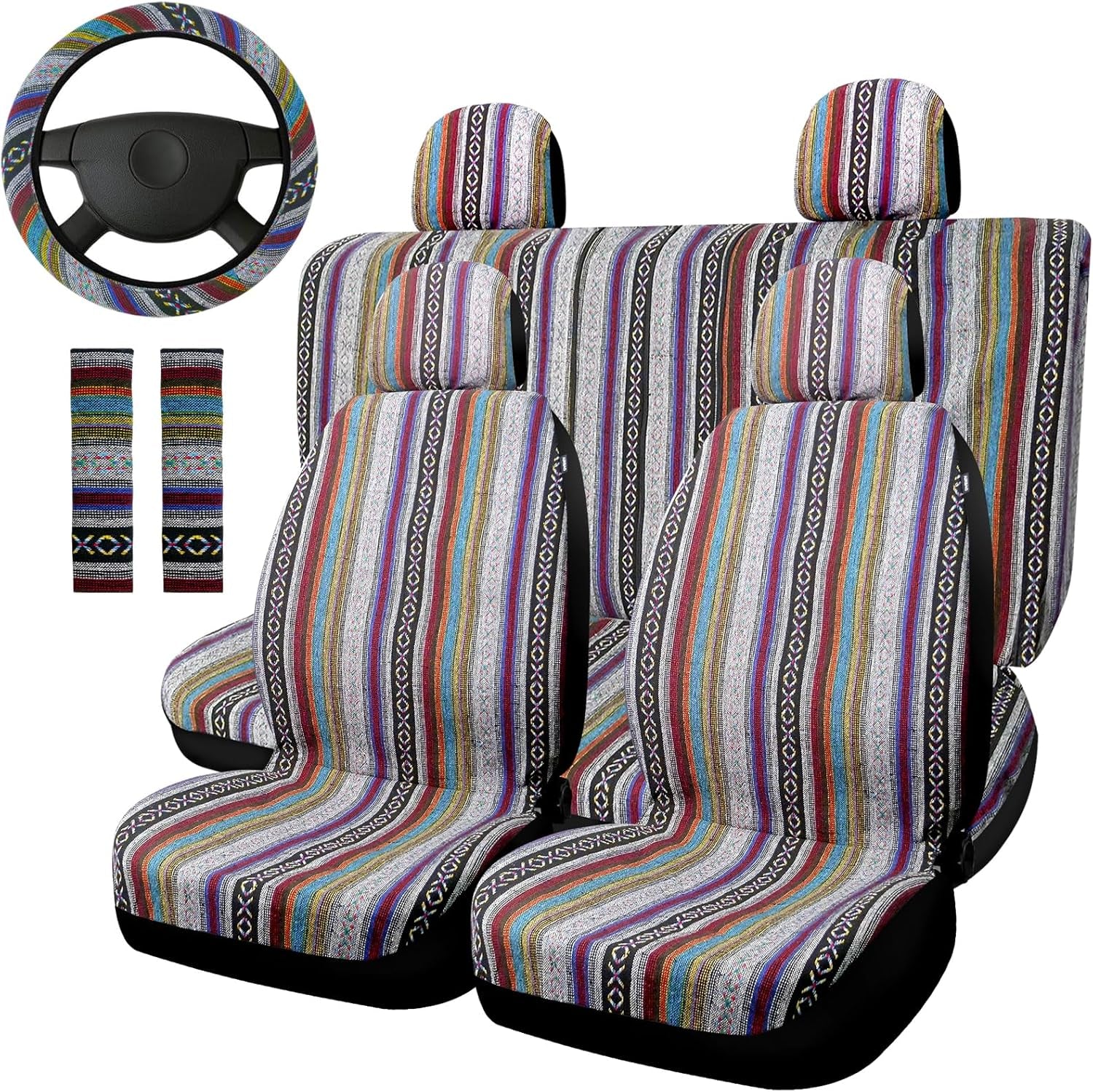 Boho Car Seat Covers Baja Saddle Blanket Seat Covers Full Set, Striped Woven Cloth Seat Covers for Cars with Seat Belt Pads and Steering Wheel Cover, Universal Fit for Sedan, SUV, Truck