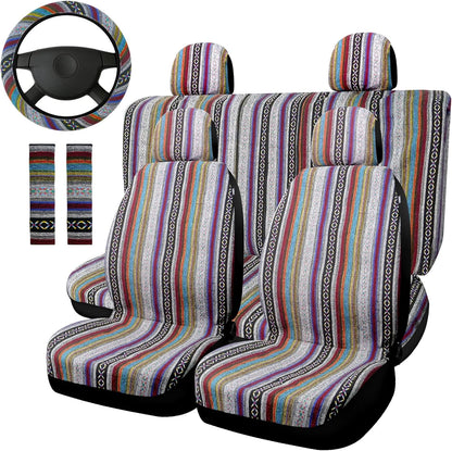 Boho Car Seat Covers Baja Saddle Blanket Seat Covers Full Set, Striped Woven Cloth Seat Covers for Cars with Seat Belt Pads and Steering Wheel Cover, Universal Fit for Sedan, SUV, Truck