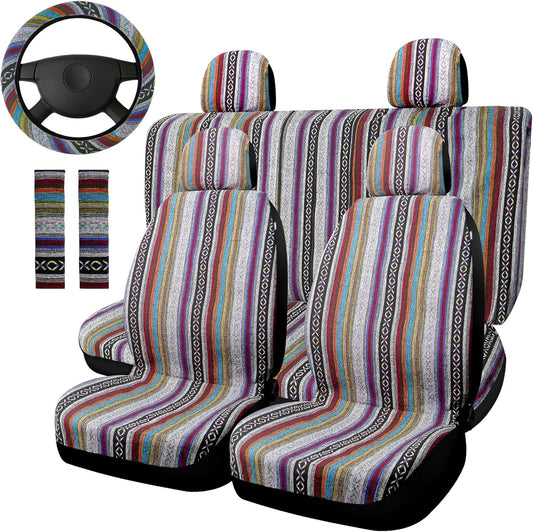 Boho Car Seat Covers Baja Saddle Blanket Seat Covers Full Set, Striped Woven Cloth Seat Covers for Cars with Seat Belt Pads and Steering Wheel Cover, Universal Fit for Sedan, SUV, Truck