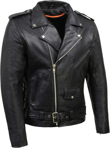 SH1011 Men'S Classic Brando Premium Leather Black Motorcycle Riders Leather Jacket W/Side Laces