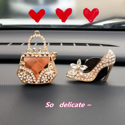 Gold Car Air Freshener - Diamond Purse High Heels Scent Diffuser Clip - Crystal Car Accessories for Women