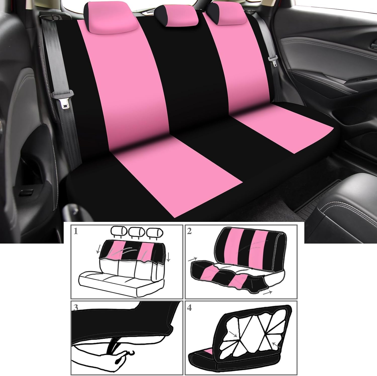 20 Pcs Car Seat Covers Full Set Car Accessories Includes Seat Protectors Fluffy Steering Wheel Cover Belt Shoulder Pads Handbrake Gear Cover Armrest Pad Women Men(Pink and Black)