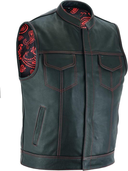Mens Black Motorcycle Vests - SOA Club & Traditional Paisley Satin Liner Leather Biker Vests