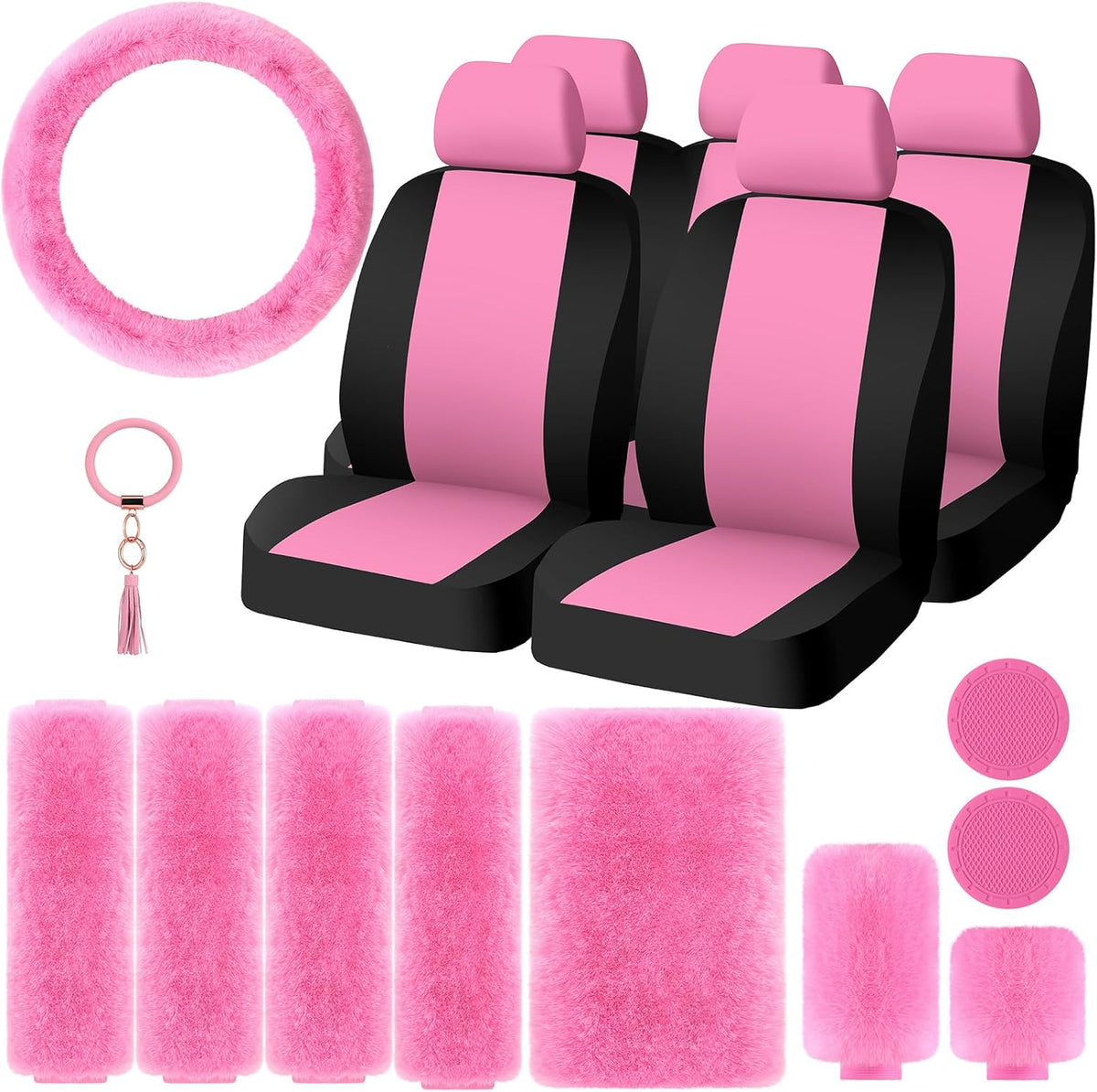 20 Pcs Car Seat Covers Full Set Car Accessories Includes Seat Protectors Fluffy Steering Wheel Cover Belt Shoulder Pads Handbrake Gear Cover Armrest Pad Women Men(Pink and Black)