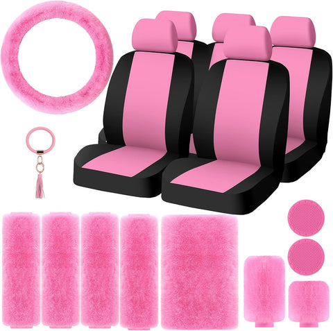 20 Pcs Car Seat Covers Full Set Car Accessories Includes Seat Protectors Fluffy Steering Wheel Cover Belt Shoulder Pads Handbrake Gear Cover Armrest Pad Women Men(Pink and Black)